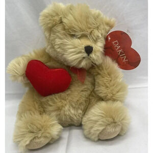 VTG Dakin Teddy Bear Plush Beige w Red Hearts Valentine's Day 9” Stuffed Animal